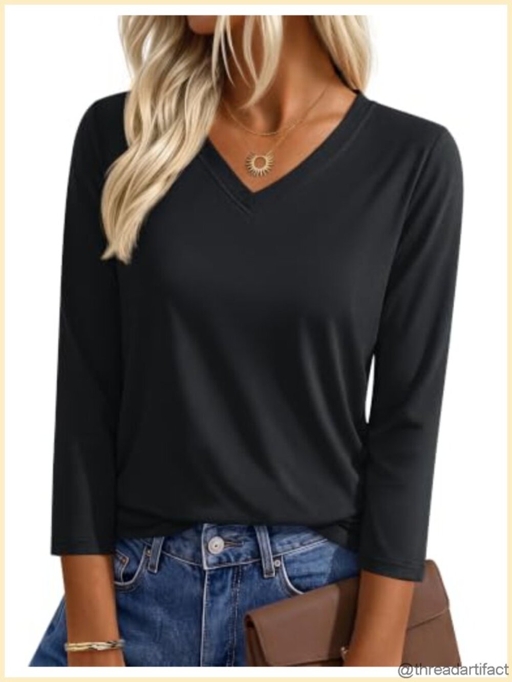 3/4 Length Sleeve Womens Tops V Neck Cotton Casual T Shirts Loose Fit